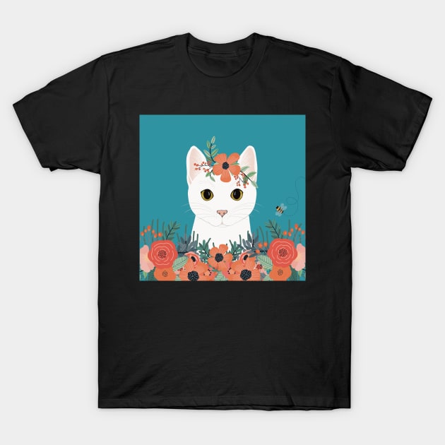 The cute white cat queen is watching you from the flowerbed T-Shirt by marina63